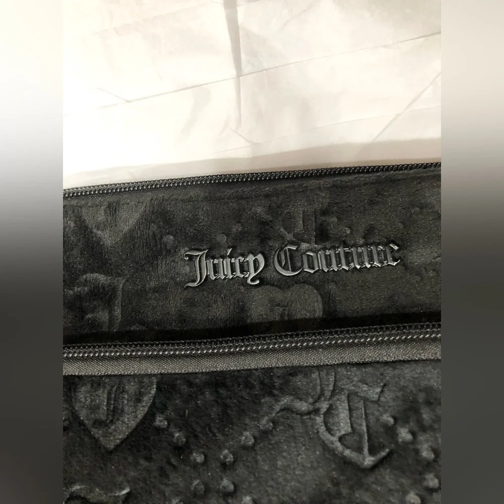 Juicy Couture black oversized monogrammed velour XL cosmetics bag & zipper charm